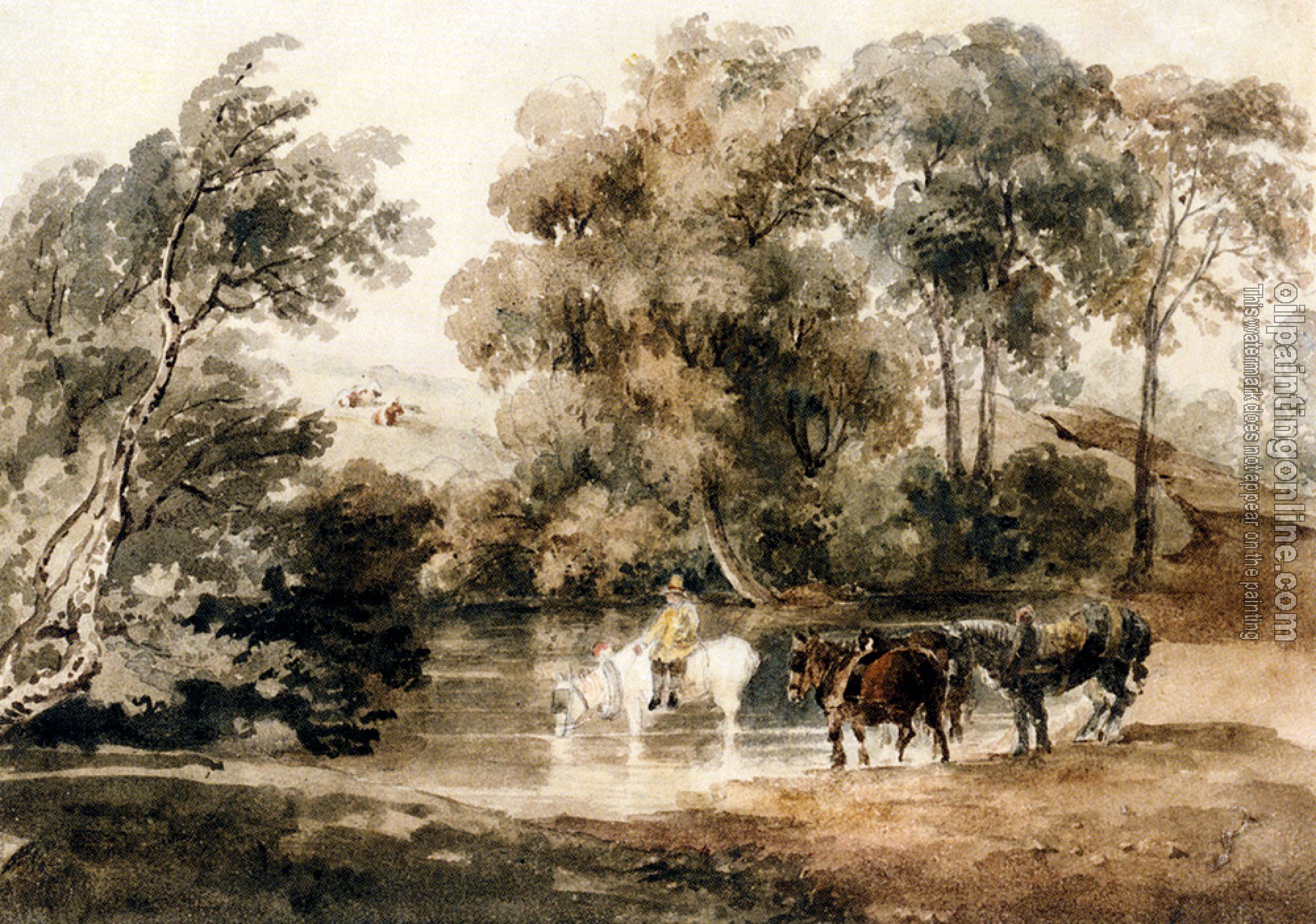 Peter De Wint - Horses Drinking At A Pool